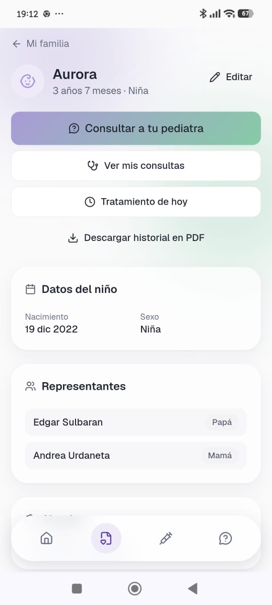 Perfil de paciente en la app de Anadia Pediatría, con botón para consultar al pediatra